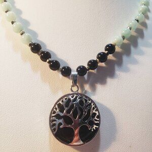 NWT ONYX BURMESE JADE TREE OF LIFE 925 STERLING SILVER PENDANT NECKLACE 18"